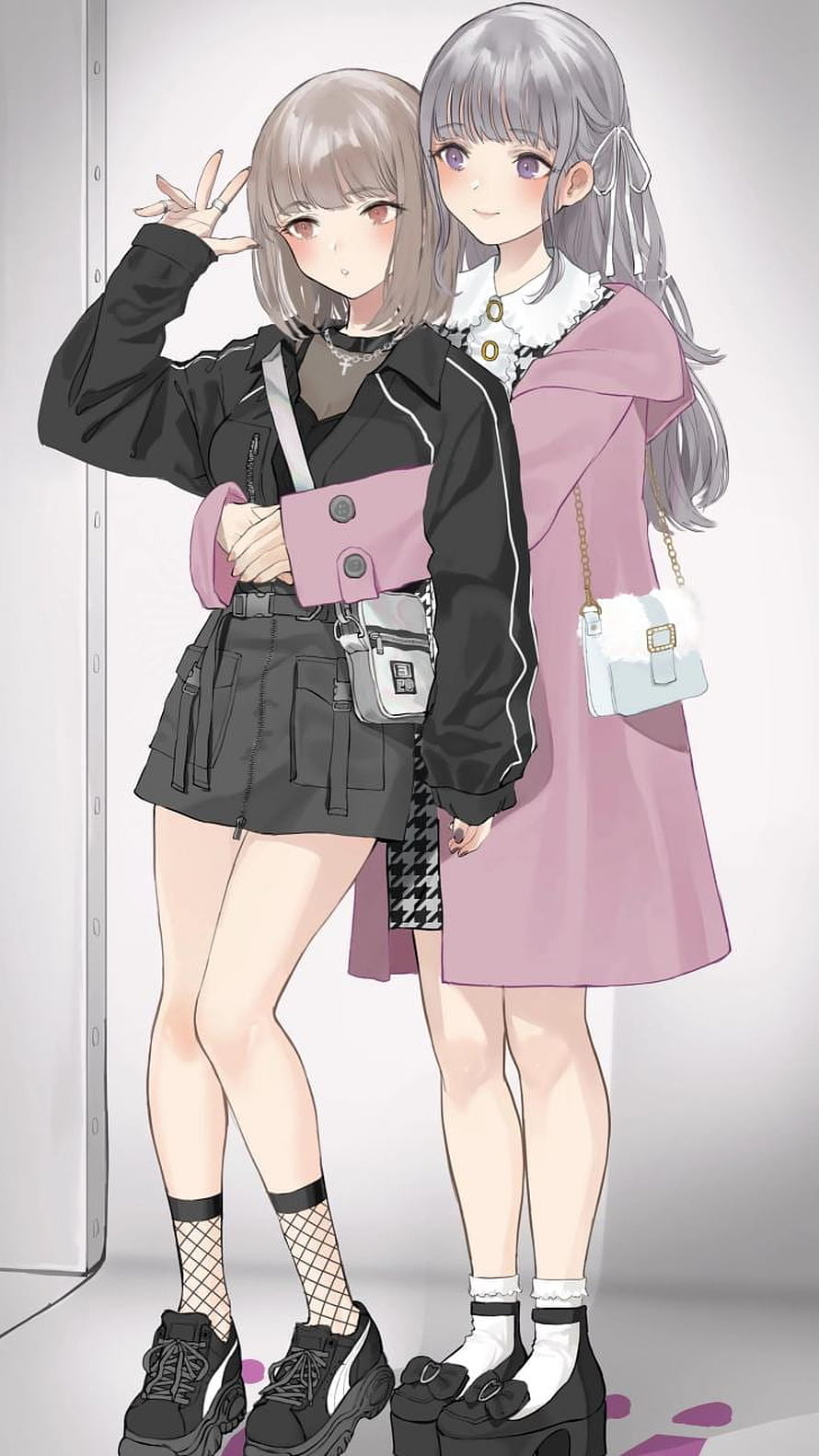Two Anime Girls in Streetwear and Pastel Outfits Posing Together HD phone wallpaper