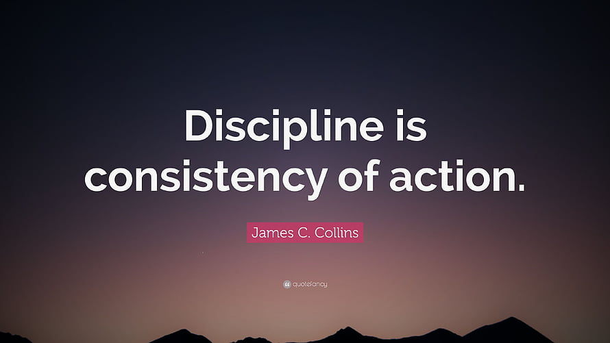 James C. Collins Discipline Quote on a Twilight Mountain Silhouette Background HD wallpaper