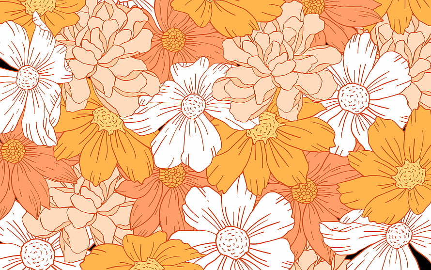 Warm Orange and White Floral Pattern Illustration with Daisies and Peonies HD wallpaper