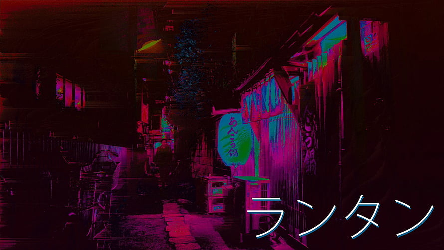 Neon-lit Japanese alleyway with glitch art and cyberpunk aesthetic HD wallpaper