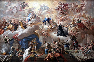 The Apotheosis of Saint Ignatius of Loyola by Andrea Pozzo, Baroque ceiling fresco with dramatic clouds and figures HD wallpaper