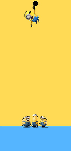 Minions with Balloon on Yellow Background HD phone wallpaper