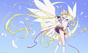 Sailor Moon Eternal Anime Character with White Wings and Golden Hair HD wallpaper