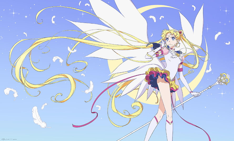 Sailor Moon Eternal Anime Character with White Wings and Golden Hair HD wallpaper