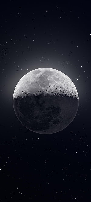 Gibbous Moon with Craters and Mare in Deep Space Starfield HD phone wallpaper