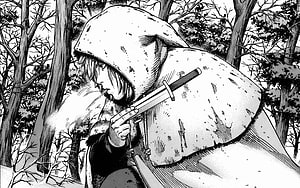 Mikasa Ackerman in winter cloak holding sword in snowy forest from Attack on Titan manga, forests, knives, manga, hooded, Vinland Saga, vinland saga manga HD wallpaper