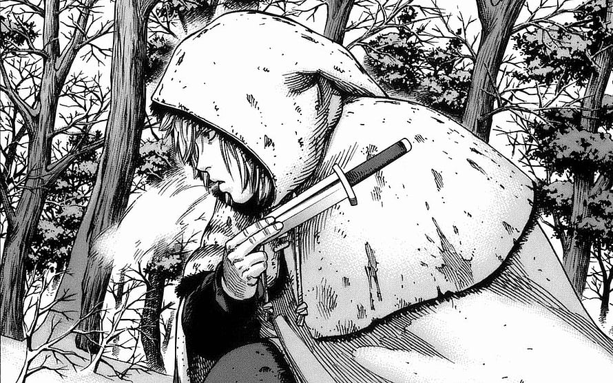 Mikasa Ackerman in winter cloak holding sword in snowy forest from Attack on Titan manga, forests, knives, manga, hooded, Vinland Saga, vinland saga manga HD wallpaper