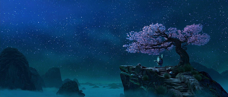 Master Oogway meditating beneath a glowing peach tree under a starry night sky in Kung Fu Panda HD wallpaper