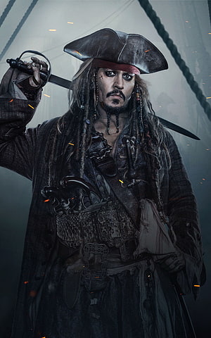 Captain Jack Sparrow from Pirates of the Caribbean holding a sword in a dramatic dark pose HD phone wallpaper