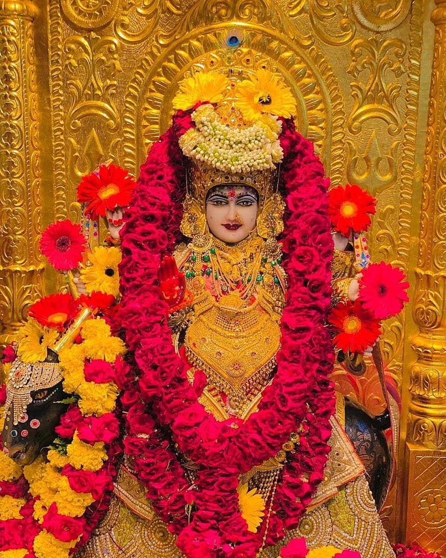 Goddess Kali adorned with red roses and gold jewelry on a golden throne HD phone wallpaper