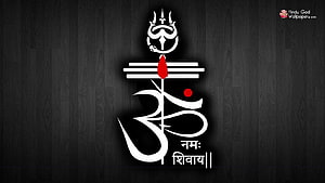 Namaste Shivay Om Symbol Wallpaper with Trishul and Crescent Moon on Dark Wood Background HD wallpaper