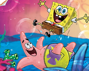 SpongeBob and Patrick Star Floating Joyfully in Underwater Bubble Scene HD wallpaper