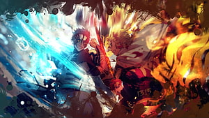 Tanjiro Kamado and Kyojuro Rengoku Clashing Swords in Fire and Water Battle HD wallpaper
