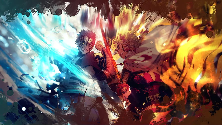 Tanjiro Kamado and Kyojuro Rengoku Clashing Swords in Fire and Water Battle HD wallpaper