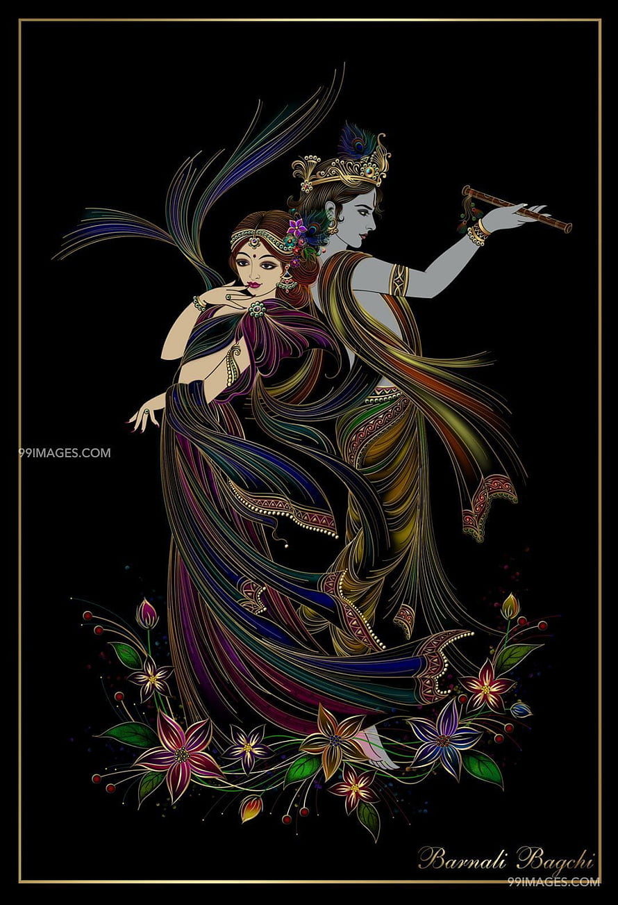 Radha Krishna Playing Flute in Ornate Sarees with Floral Motifs on Black Background HD phone wallpaper