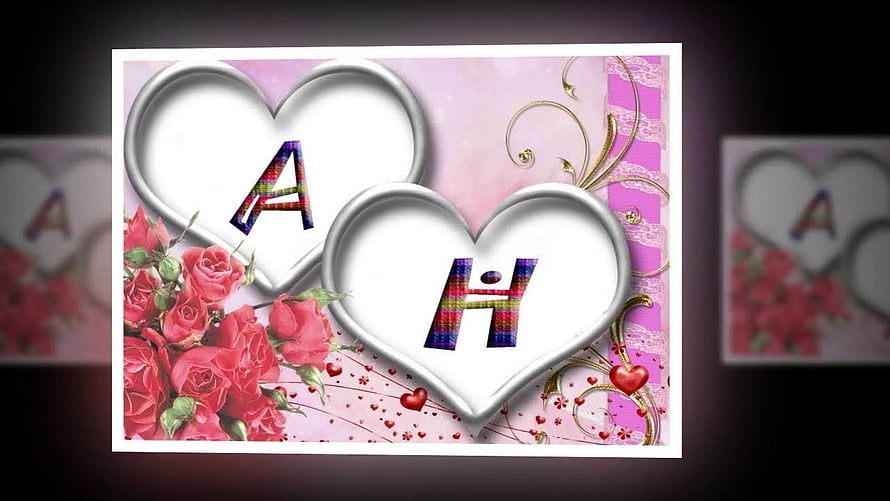 Romantic A and H Heart Frame with Roses and Gold Swirls on Pink Background HD wallpaper