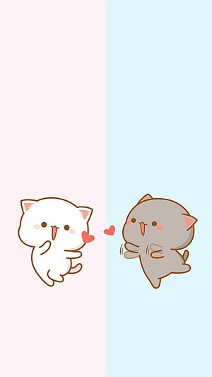 Cute Cartoon Cats Couple Wallpaper With Hearts On Pastel Pink And Blue Background HD phone wallpaper