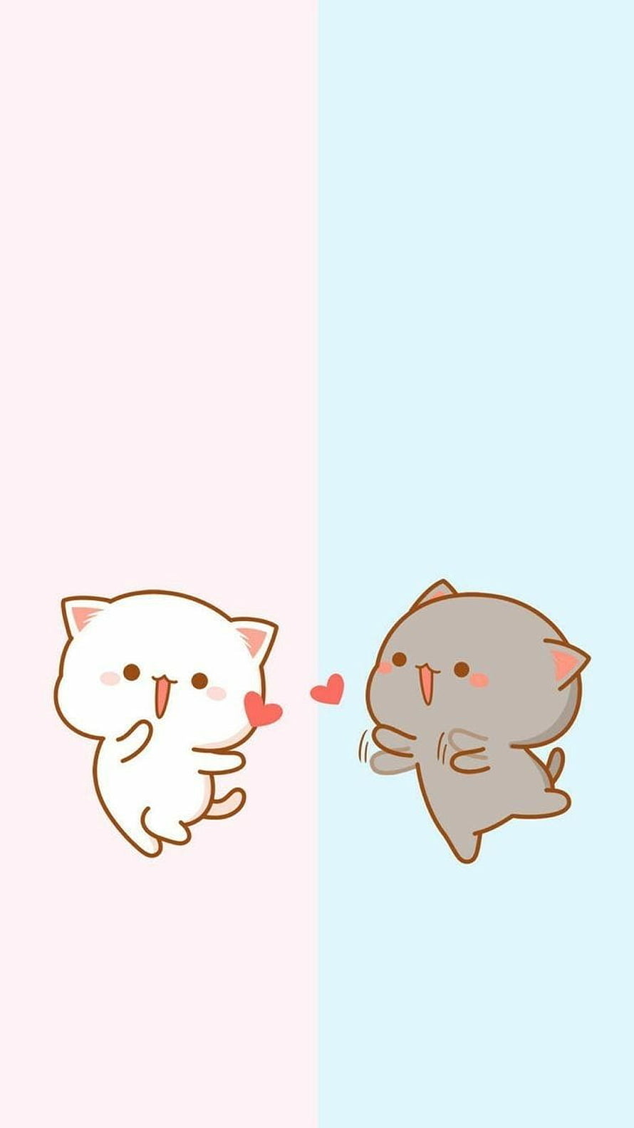 Cute Cartoon Cats Couple Wallpaper With Hearts On Pastel Pink And Blue Background HD phone wallpaper