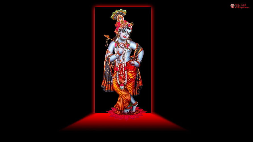 Lord Krishna in Traditional Attire with Flute on Black Background HD wallpaper