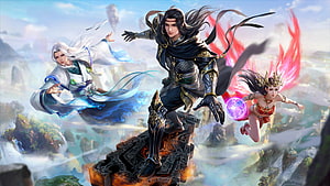 Epic Chinese Fantasy Warriors Flying Over Misty Mountain Peaks HD wallpaper