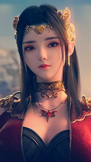 Fantasy Elf Woman Portrait with Golden Headpiece and Red Gem Necklace, Cai lin edit in 2022, #cai lin HD phone wallpaper