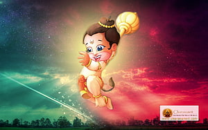 Bal Hanuman Flying Through a Vibrant Cosmic Sky with Mace in Hand, Bal Hanuman, hanuman animated HD wallpaper