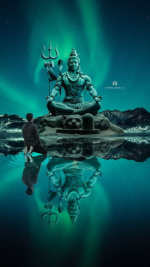 Lord Shiva Meditating on a Rock with Trishul and Nandi Under the Aurora Borealis HD phone wallpaper