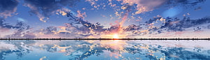 Panoramic Sunset Over Calm Water With Cloud Reflections And Distant Silhouette HD wallpaper