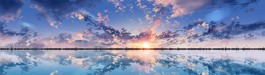 Panoramic Sunset Over Calm Water With Cloud Reflections And Distant Silhouette HD wallpaper