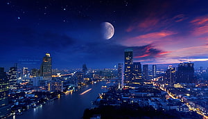 Bangkok Skyline at Night with Full Moon Over the Chao Phraya River HD wallpaper