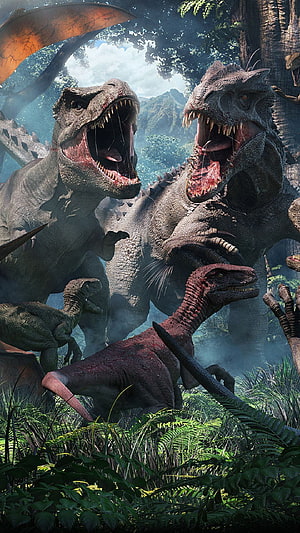 Fierce Tyrannosaurus Rex and Carnotaurus Roaring in Lush Prehistoric Jungle HD phone wallpaper