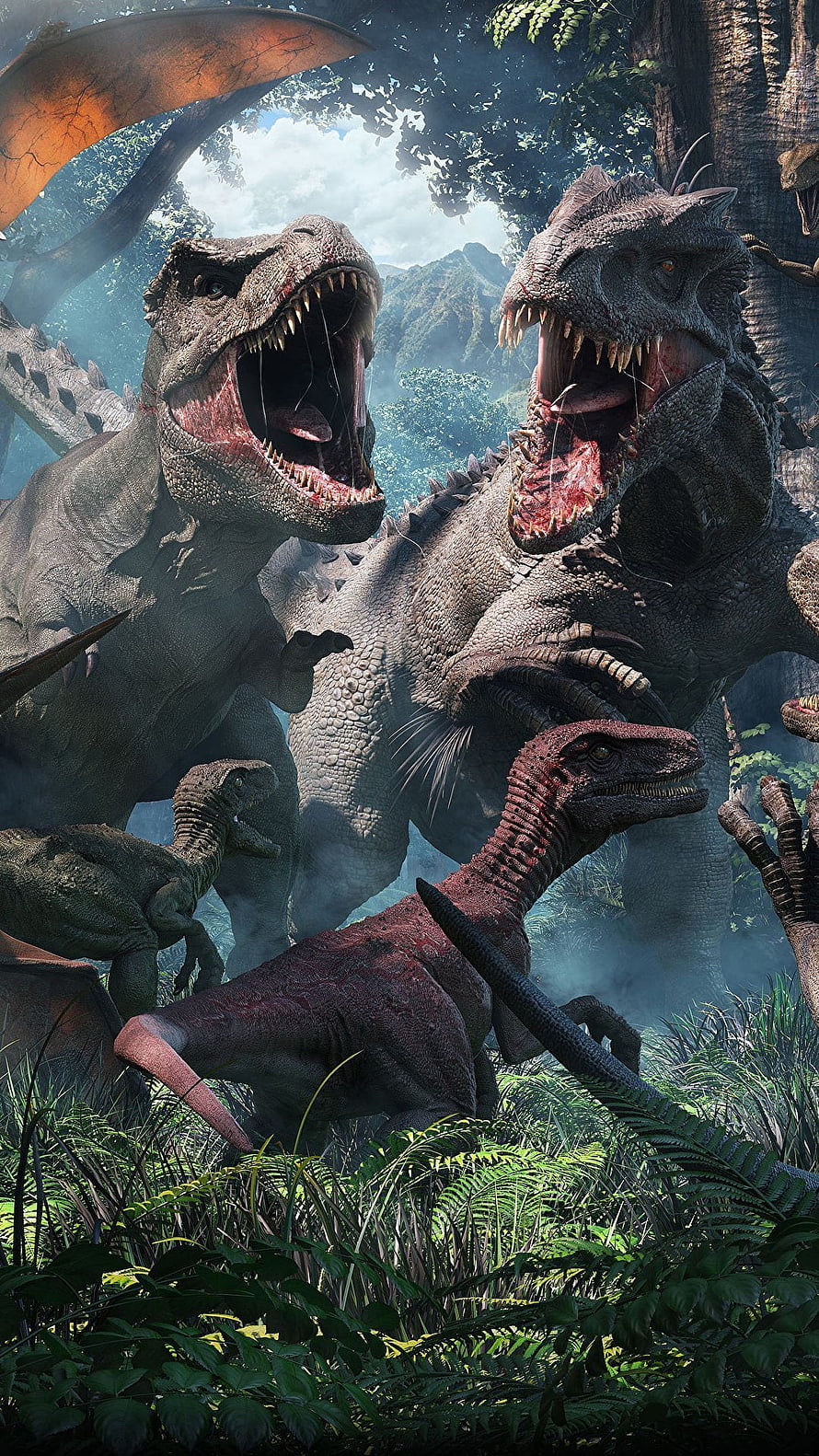 Fierce Tyrannosaurus Rex and Carnotaurus Roaring in Lush Prehistoric Jungle HD phone wallpaper