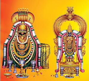 Lord Shiva and Goddess Parvati adorned in traditional temple garlands and gold ornaments HD wallpaper