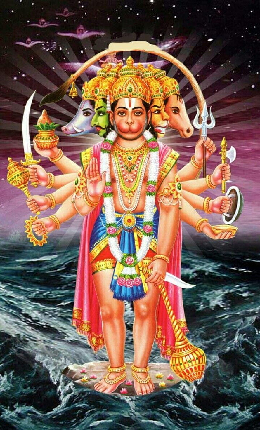 Panchmukhi Hanuman Ji Divine Five-Headed Hindu Deity Illustration, Panchmukhi Hanuman Ji, lord hanuman HD phone wallpaper