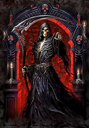 Grim Reaper Skeleton in Dark Robes Holding Scythe Before Red Gothic Archway HD phone wallpaper