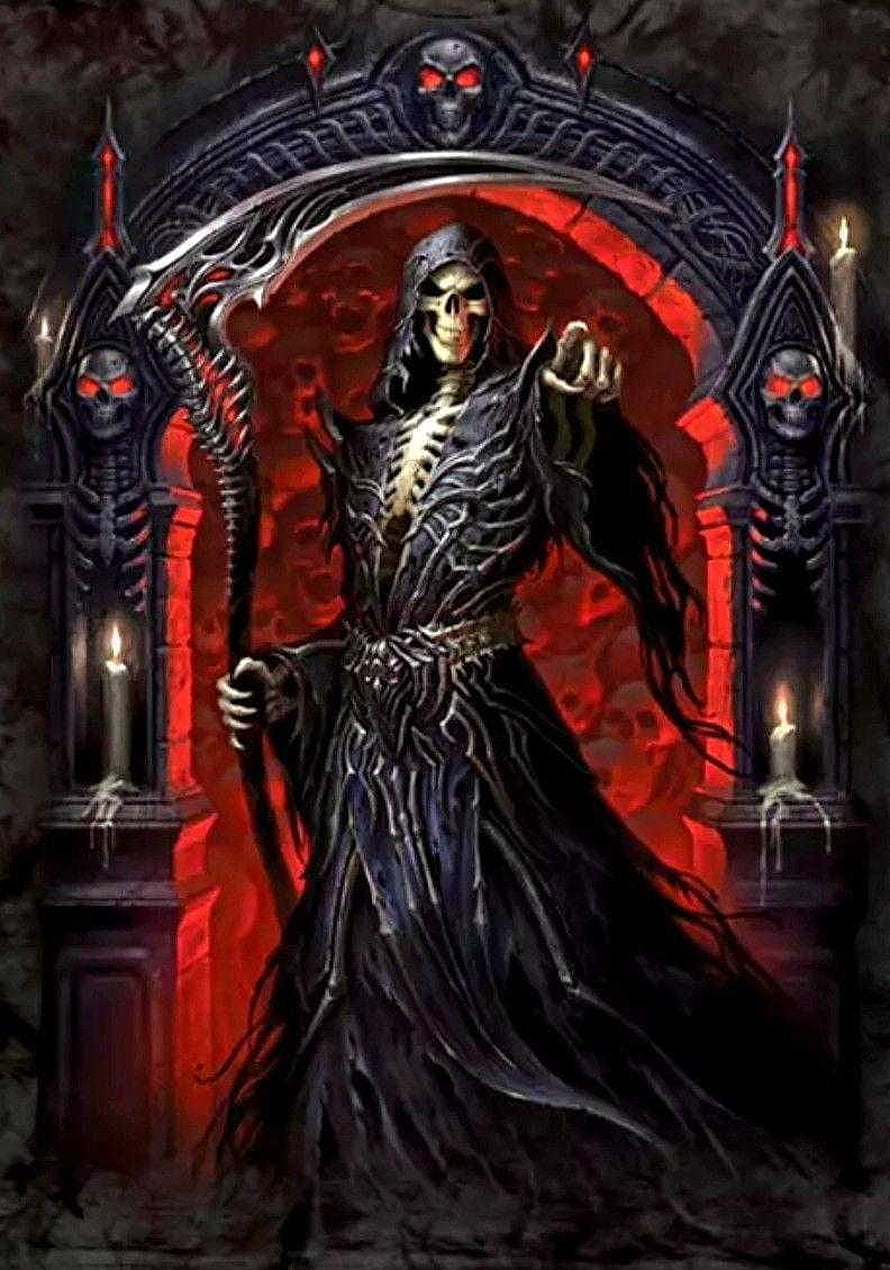 Grim Reaper Skeleton in Dark Robes Holding Scythe Before Red Gothic Archway HD phone wallpaper