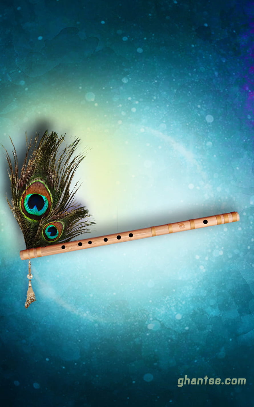 Bamboo Flute with Peacock Feathers on Ethereal Blue Background HD phone wallpaper