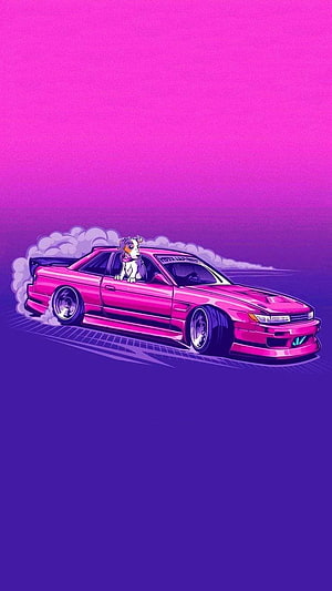 Pink Nissan Skyline GT-R R32 Drifting with Dog in Window Vaporwave Style HD phone wallpaper