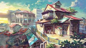 Sunlit Asian Street Scene With Rustic Shophouses And Colorful Roofs HD wallpaper