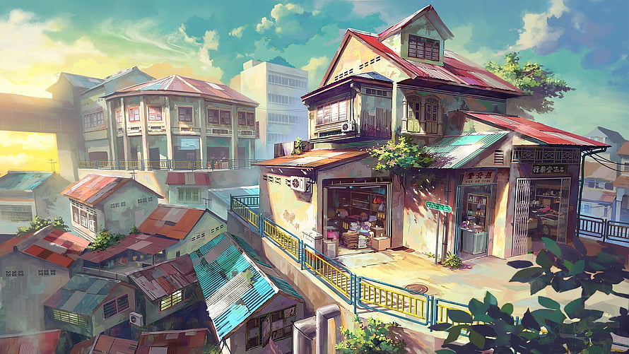 Sunlit Asian Street Scene With Rustic Shophouses And Colorful Roofs HD wallpaper