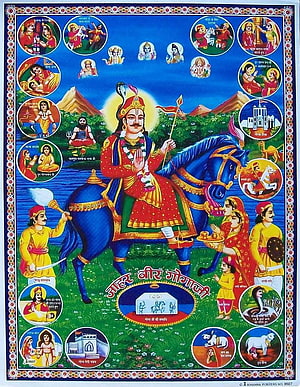 Jahar Veer Gogaji on Blue Horse with Surrounding Mythological Scenes HD phone wallpaper