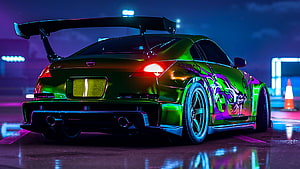 Green Nissan GT-R R35 with Dragon Livery in Neon Cyberpunk Night Setting HD wallpaper