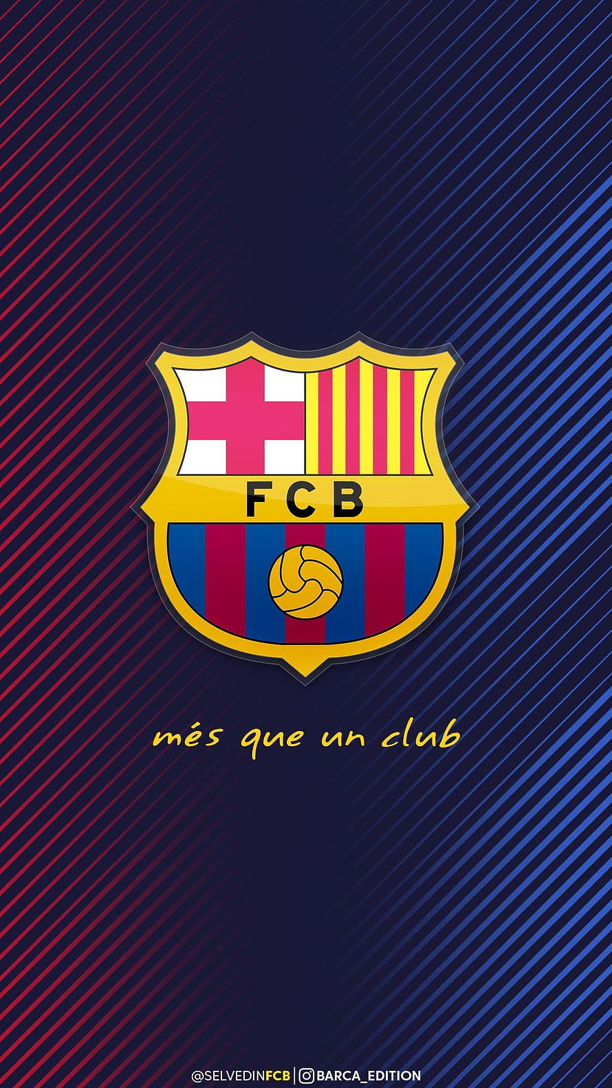FC Barcelona Crest with Mes Que Un Club Motto on Diagonal Striped Background HD phone wallpaper