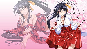 Akeno Himejima in Traditional Japanese Attire with Cherry Blossoms HD wallpaper