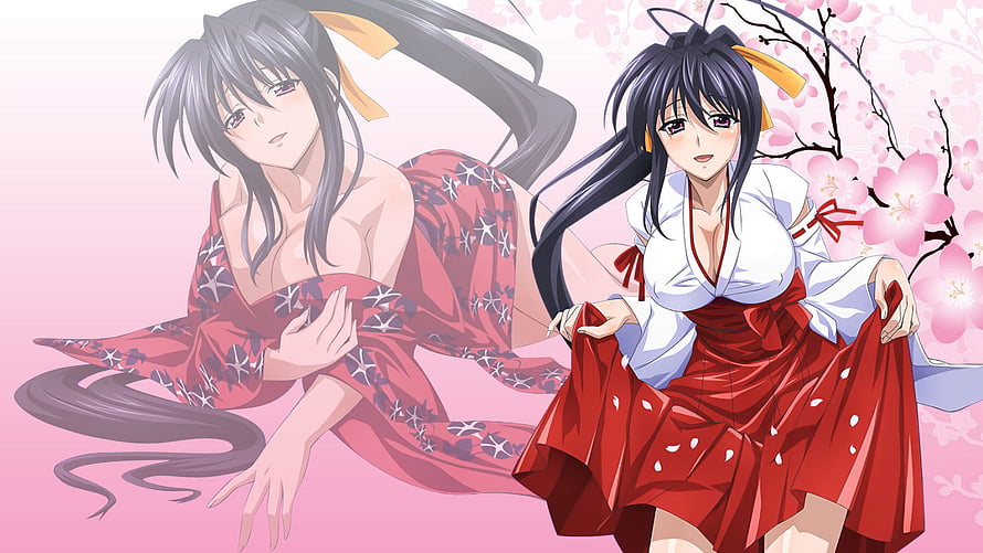 Akeno Himejima in Traditional Japanese Attire with Cherry Blossoms HD wallpaper