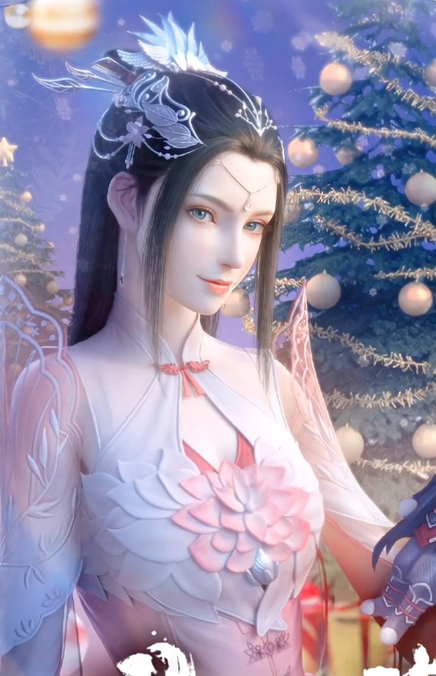 Gu Xun Er in Elegant White Floral Dress with Ornate Silver Headdress and Christmas Tree Background HD phone wallpaper