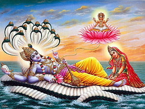 Lord Vishnu resting on the serpent Shesha with Lakshmi and baby Krishna on a lotus HD wallpaper