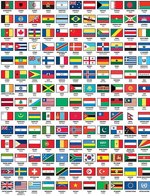 Complete collection of world country flags with names and capital cities arranged in a grid HD phone wallpaper