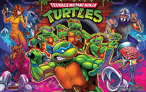 Teenage Mutant Ninja Turtles Retro Pinball Artwork Featuring Leonardo, Raphael, Donatello, Michelangelo, Splinter, April O'Neil, Shredder, and Krang HD wallpaper