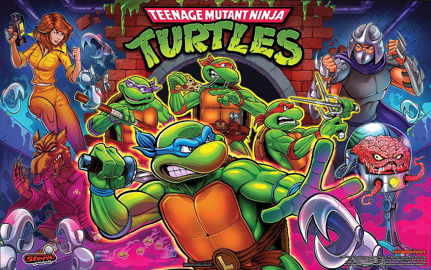 Teenage Mutant Ninja Turtles Retro Pinball Artwork Featuring Leonardo, Raphael, Donatello, Michelangelo, Splinter, April O'Neil, Shredder, and Krang HD wallpaper